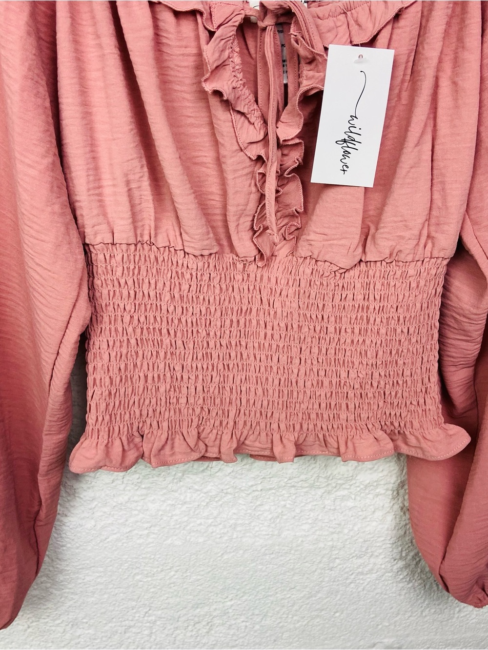 NWT Wildflowers Dusty Rose Smocked Ruffle Peasant Blouse size large - Picture 9 of 10